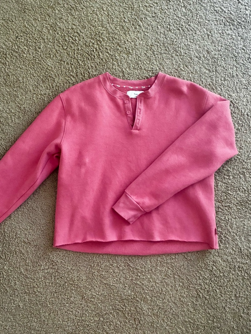 Aritzia/ TNA Coral 1/4 Button Down Raw Edge Crewneck